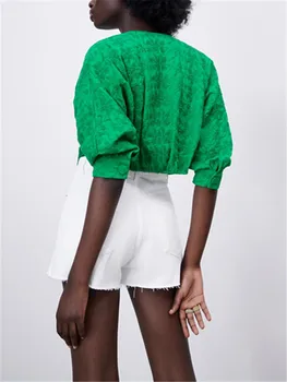 ZA Europos ir Amerikos stiliaus 2021 m. vasarą naujas universalus V-kaklo, trumpas moterų drabužiai žalia mazgas išsiuvinėti marškiniai viršų