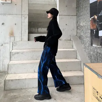 Žaibas Pločio Kojų Kelnės Moterims, Negabaritinių Harajuku Gatvės Stiliaus Korėjos Mados Kelnių Moterų Estetinės Plius Dydis