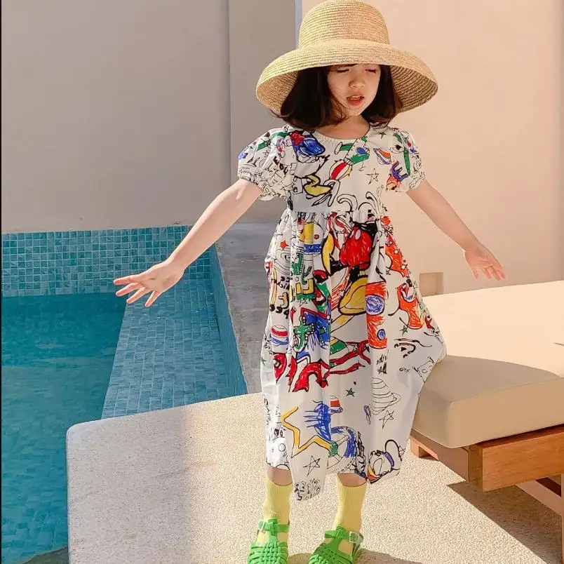 Mergina backless mados spausdinimo suknelė 2021 m. vasarą naujas trumpas aukštos kokybės medvilnės suknelė vaikai Grafiti atostogų suknelė drabužių wz152 0