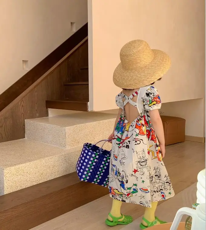 Mergina backless mados spausdinimo suknelė 2021 m. vasarą naujas trumpas aukštos kokybės medvilnės suknelė vaikai Grafiti atostogų suknelė drabužių wz152 3
