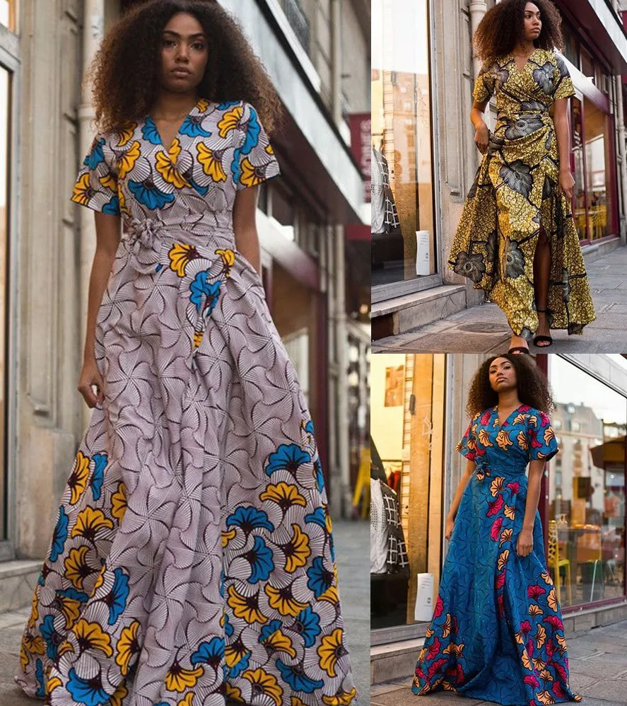 Skaitmeninis Atspausdintas Suknelė 2021 Naują Afrikos, Plius Dydis Moterų V-Kaklo, Trumpas Rankovėmis Collocation Diržo Mados Seksualus-Line Paprasta Suknelė 1
