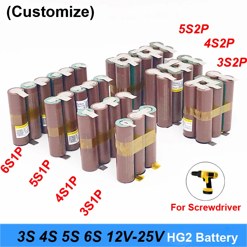 3S 4S 5S 6S Baterijos 18650 HG2 3000mAh 20Amps 12.6 V 25.2 V Atsuktuvas Baterija Suvirinimo Litavimo Juostos Baterija (Tinkinti) 1