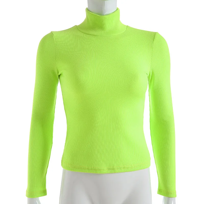 Vientisos Spalvos Harajuku Golfo Medvilnės Marškinėliai Neon Geltona Žalia Megzti Pasėlių N82 Ilgomis Rankovėmis Korėjos Stiliaus Top Marškinėliai 0