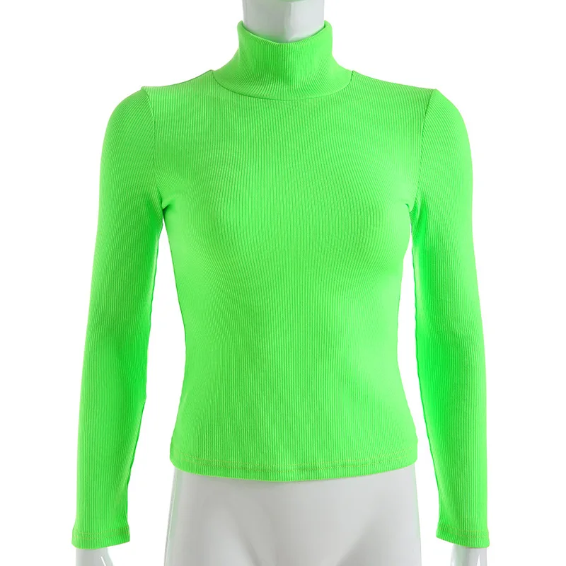 Vientisos Spalvos Harajuku Golfo Medvilnės Marškinėliai Neon Geltona Žalia Megzti Pasėlių N82 Ilgomis Rankovėmis Korėjos Stiliaus Top Marškinėliai 2