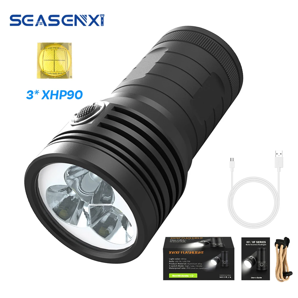 SEASENXI Super Ryškus LED Žibintuvėlis 3*XHP90 Prožektorius Žibintuvėlis Built-in 4 x 18650 Baterija Bankas Įkrovimo Lemputė 5