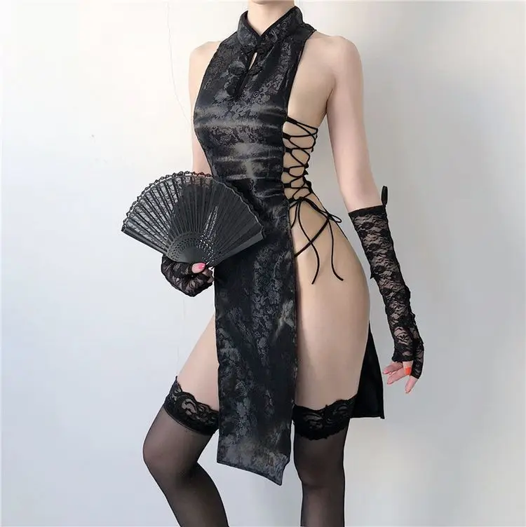 Aukštos Padalinta Tvarstis Mini Suknelė Qipao Moterims Seksualus Apatinis Trikotažas Cheongsam Vienodas Kinų Tradicinės Partijos Suknelė Naktinis Klubas Kostiumai 3