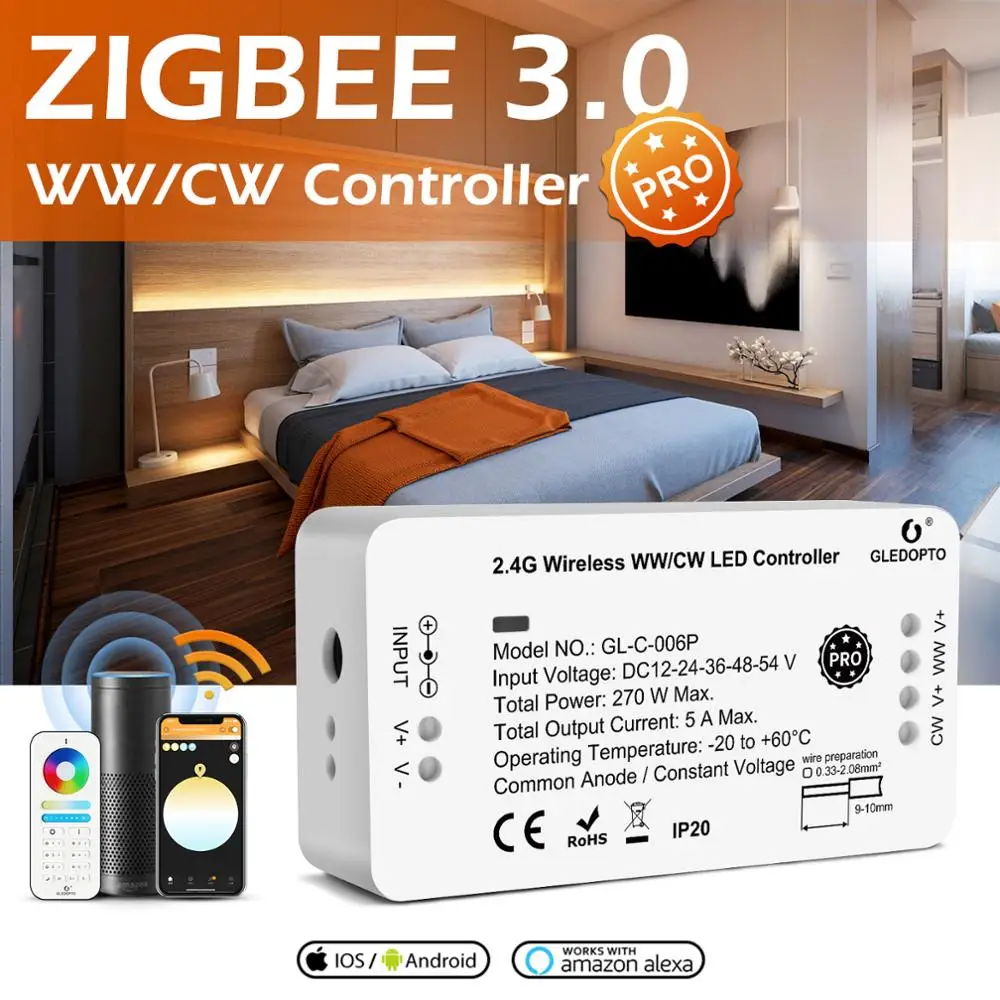 Zigbee Pro WW/CW Dviguba Balta Spalvos Temperatūra Reguliuojama Smart LED Valdiklis Dirbti su Alexa Echo Plius SmartThings RF Nuotolinio 0