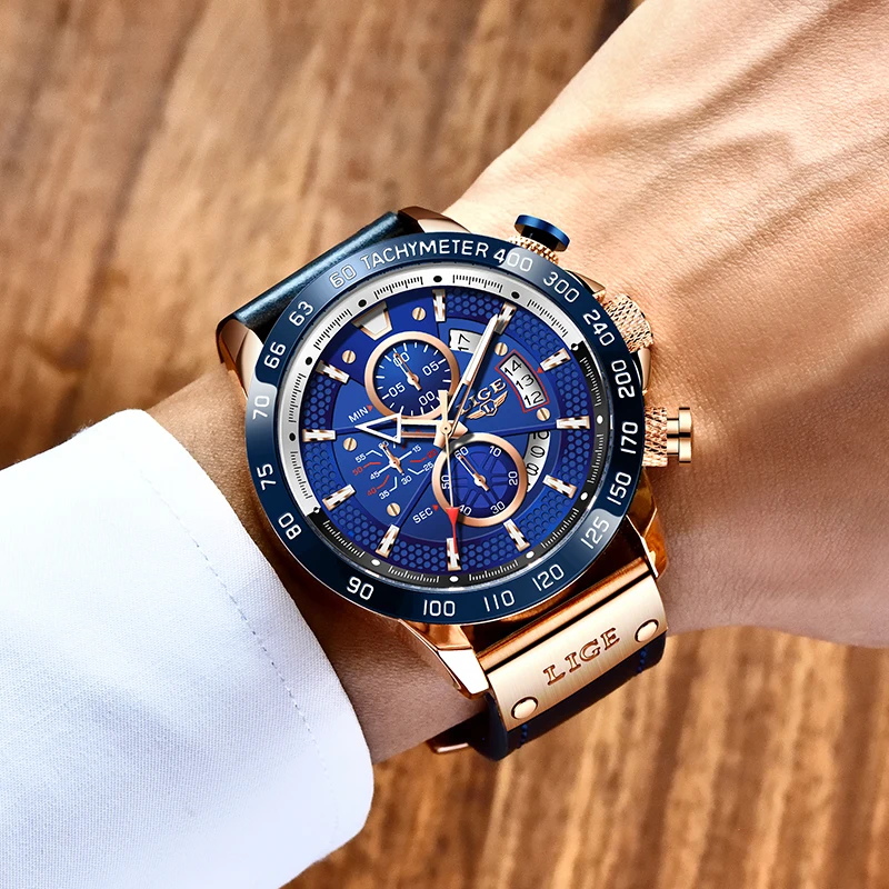 2021New LIGE Atsitiktinis Sporto Laikrodžiai Vyrams Blue Top Brand Prabanga Karinės Odinis Riešo Žiūrėti Žmogus Laikrodis Mados Chronograph Laikrodis 0