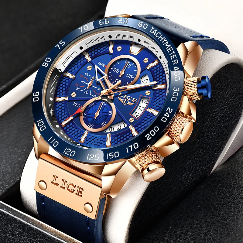 2021New LIGE Atsitiktinis Sporto Laikrodžiai Vyrams Blue Top Brand Prabanga Karinės Odinis Riešo Žiūrėti Žmogus Laikrodis Mados Chronograph Laikrodis 4