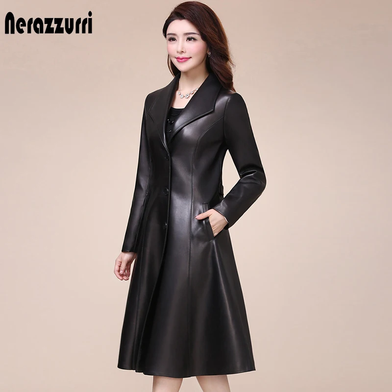Nerazzurri Pavasario ruduo ilgas, juodas minkštas dirbtiniais odos paltai moterims ilgomis rankovėmis mygtukais slim fit Elegantiška odinė striukė moterims 2021 1
