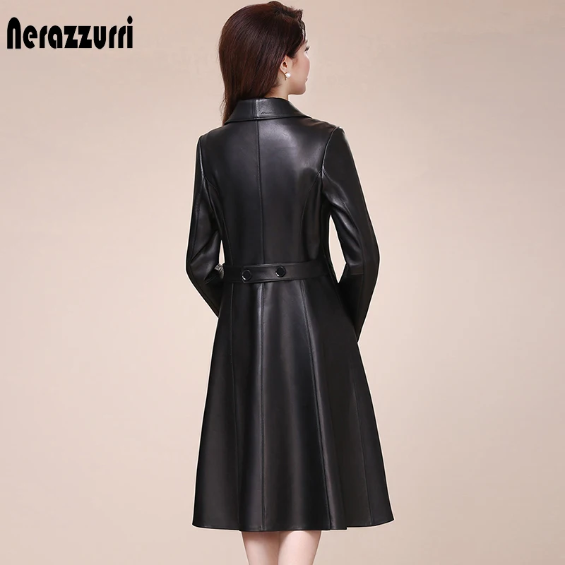 Nerazzurri Pavasario ruduo ilgas, juodas minkštas dirbtiniais odos paltai moterims ilgomis rankovėmis mygtukais slim fit Elegantiška odinė striukė moterims 2021 2