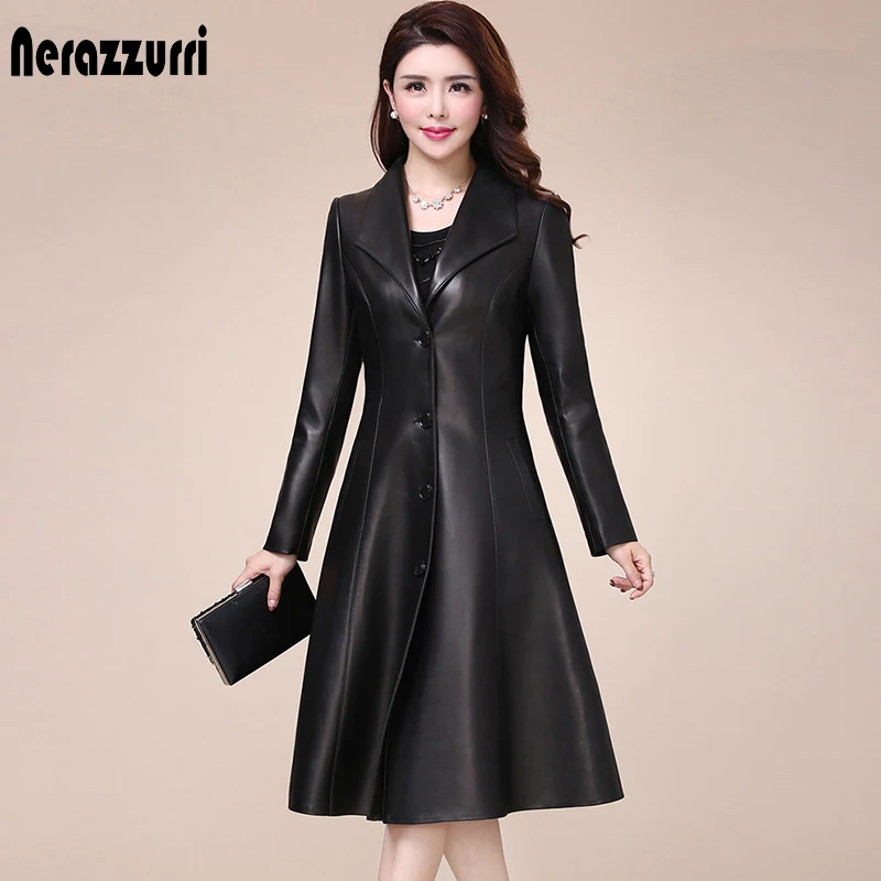 Nerazzurri Pavasario ruduo ilgas, juodas minkštas dirbtiniais odos paltai moterims ilgomis rankovėmis mygtukais slim fit Elegantiška odinė striukė moterims 2021 3