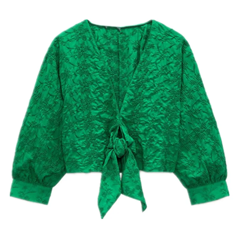 ZA Europos ir Amerikos stiliaus 2021 m. vasarą naujas universalus V-kaklo, trumpas moterų drabužiai žalia mazgas išsiuvinėti marškiniai viršų 0
