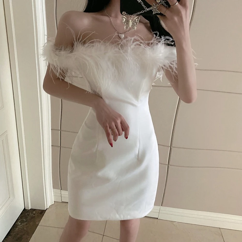 Promenadzie suknelė naują atvykimo off peties plunksnų 2022 white satin backless trumpas kokteilių suknelės mini vakaro suknelių mados 0
