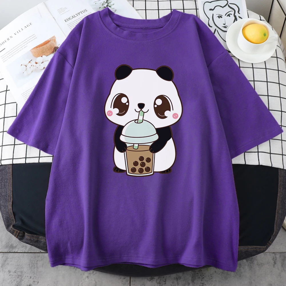 Cute Little Panda Geria Pieno, Arbatos Spausdinti Moterų Marškinėliai Vasarą Laisvi Viršūnes Laisvalaikio Stiliaus o-Kaklo Marškinėliai trumpomis Rankovėmis Moterims Marškinėliai 0