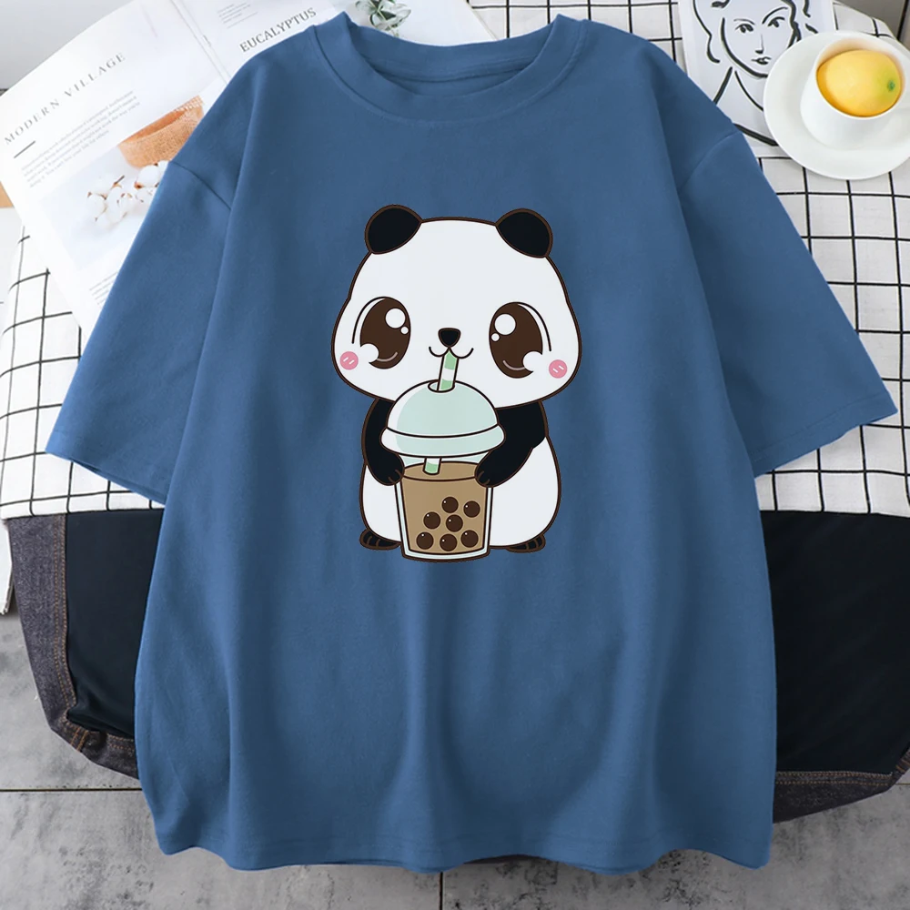 Cute Little Panda Geria Pieno, Arbatos Spausdinti Moterų Marškinėliai Vasarą Laisvi Viršūnes Laisvalaikio Stiliaus o-Kaklo Marškinėliai trumpomis Rankovėmis Moterims Marškinėliai 1