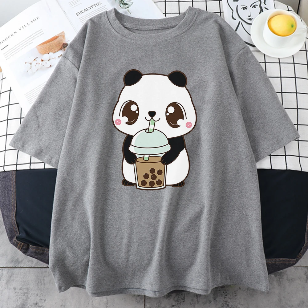 Cute Little Panda Geria Pieno, Arbatos Spausdinti Moterų Marškinėliai Vasarą Laisvi Viršūnes Laisvalaikio Stiliaus o-Kaklo Marškinėliai trumpomis Rankovėmis Moterims Marškinėliai 3