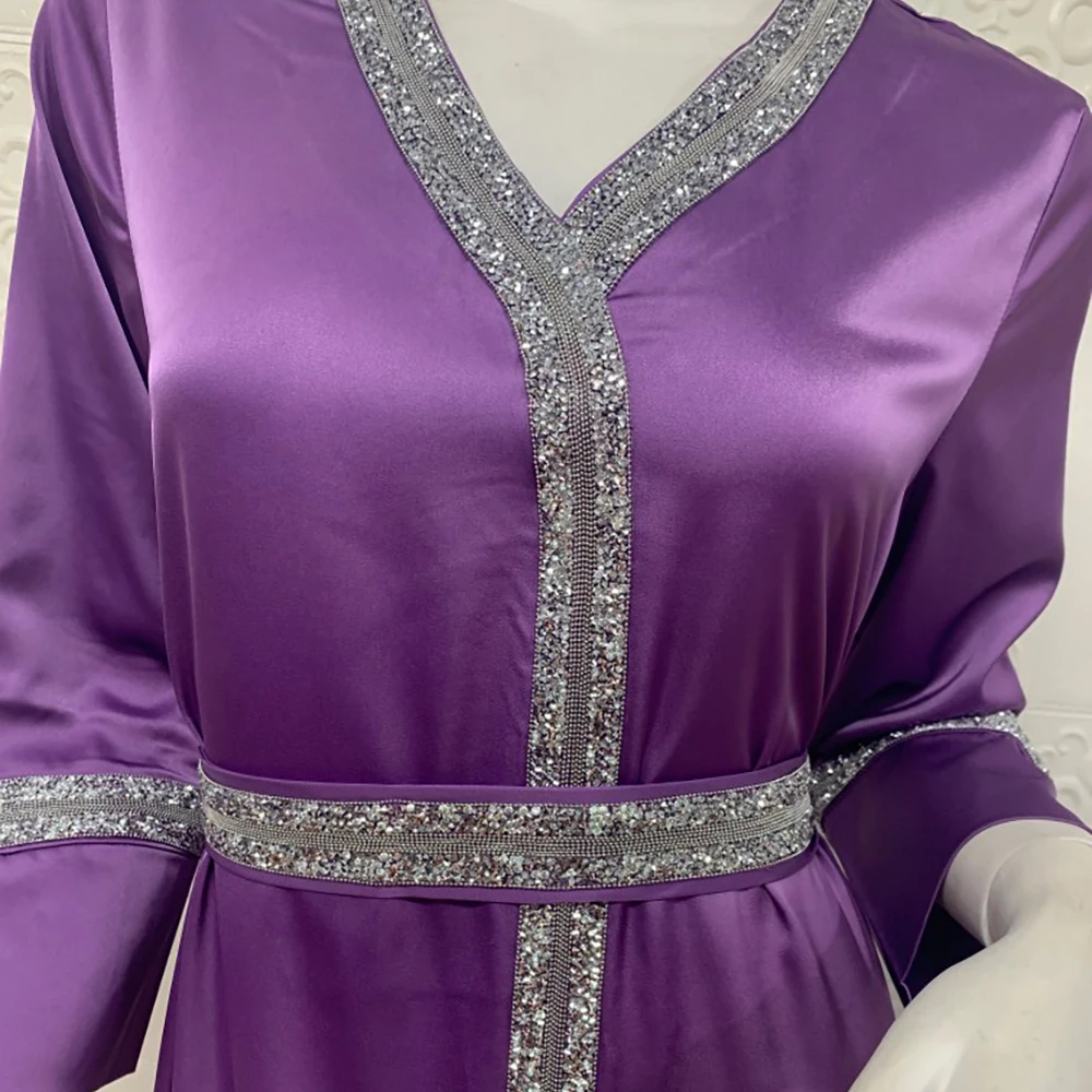 Moterų Maxi Suknelė Elegantiškas Satino Arabų Jalabiya Dubajus Caftan Abaja Šalis V Kaklo Visą Rankovėmis Arabų Indie Drabužius Marokas Eid 1