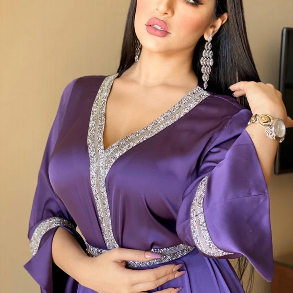 Moterų Maxi Suknelė Elegantiškas Satino Arabų Jalabiya Dubajus Caftan Abaja Šalis V Kaklo Visą Rankovėmis Arabų Indie Drabužius Marokas Eid 2