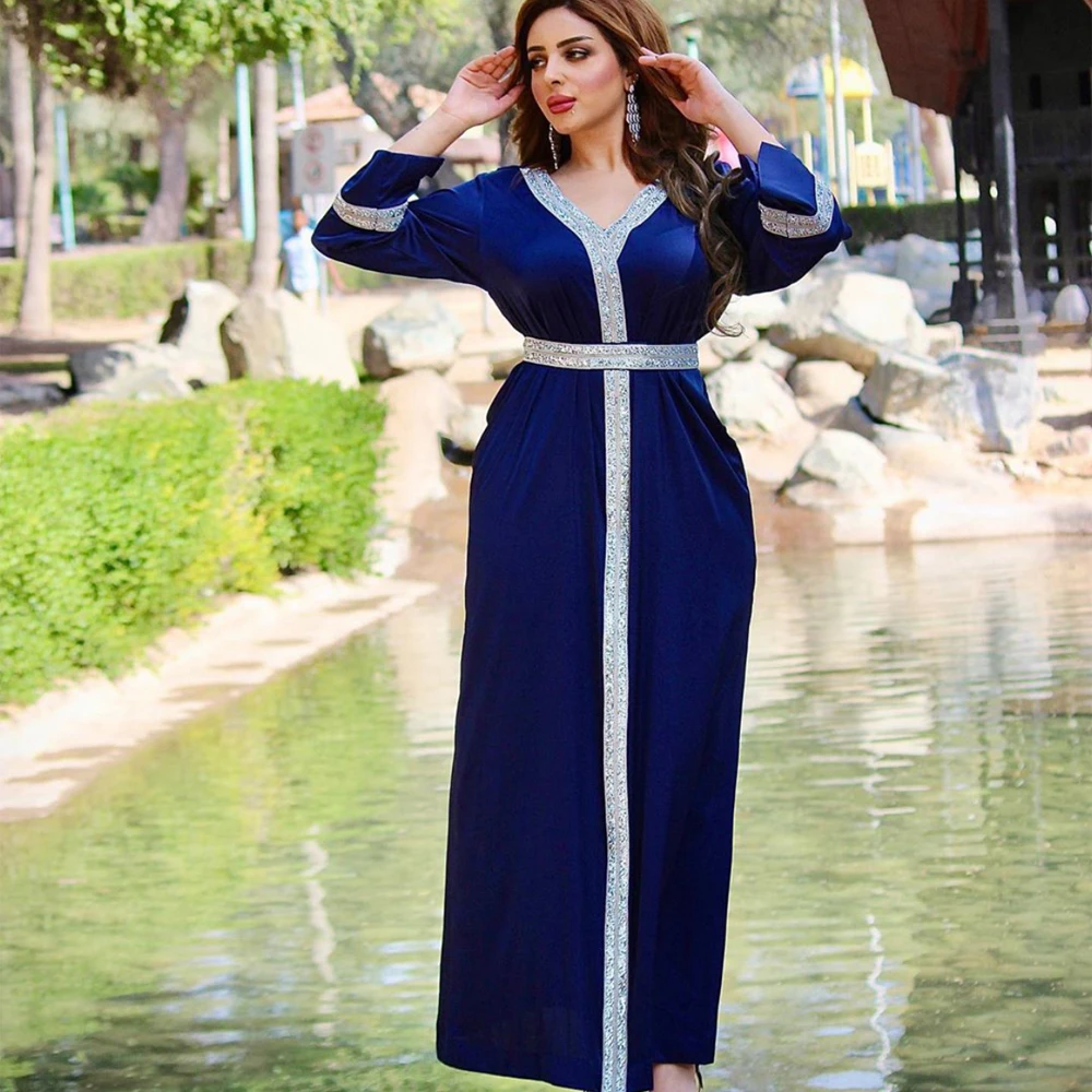 Moterų Maxi Suknelė Elegantiškas Satino Arabų Jalabiya Dubajus Caftan Abaja Šalis V Kaklo Visą Rankovėmis Arabų Indie Drabužius Marokas Eid 3