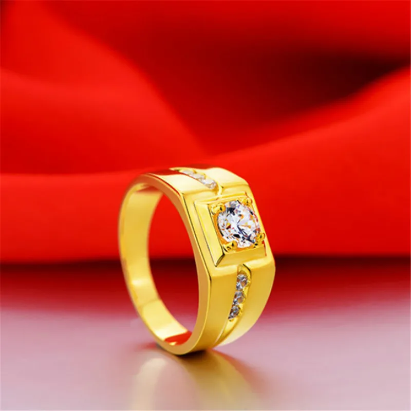 Prabanga 24K Aukso Žiedas Vyrams Džentelmenas Diamond Cirkonis Dalyvavimas Vestuves Žiedas, Geltonos Aukso Piršto Žiedai 1