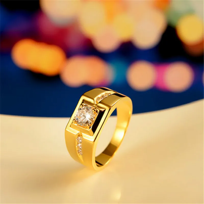 Prabanga 24K Aukso Žiedas Vyrams Džentelmenas Diamond Cirkonis Dalyvavimas Vestuves Žiedas, Geltonos Aukso Piršto Žiedai 2