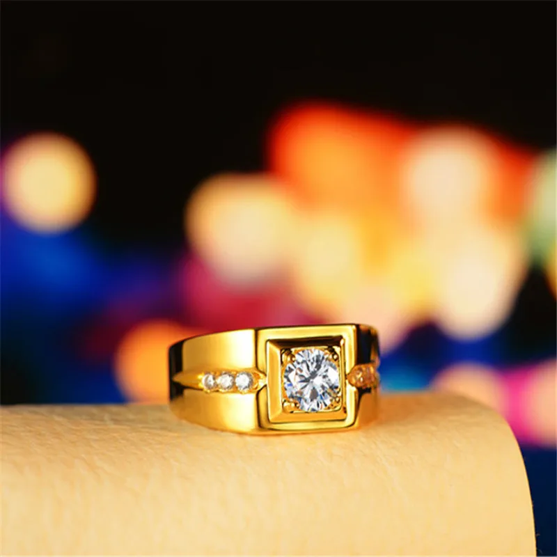 Prabanga 24K Aukso Žiedas Vyrams Džentelmenas Diamond Cirkonis Dalyvavimas Vestuves Žiedas, Geltonos Aukso Piršto Žiedai 3