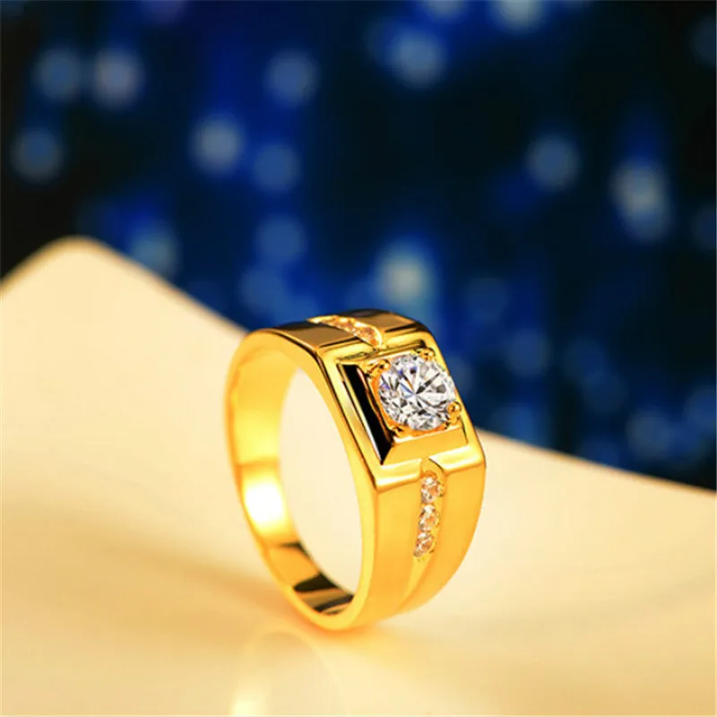 Prabanga 24K Aukso Žiedas Vyrams Džentelmenas Diamond Cirkonis Dalyvavimas Vestuves Žiedas, Geltonos Aukso Piršto Žiedai 5