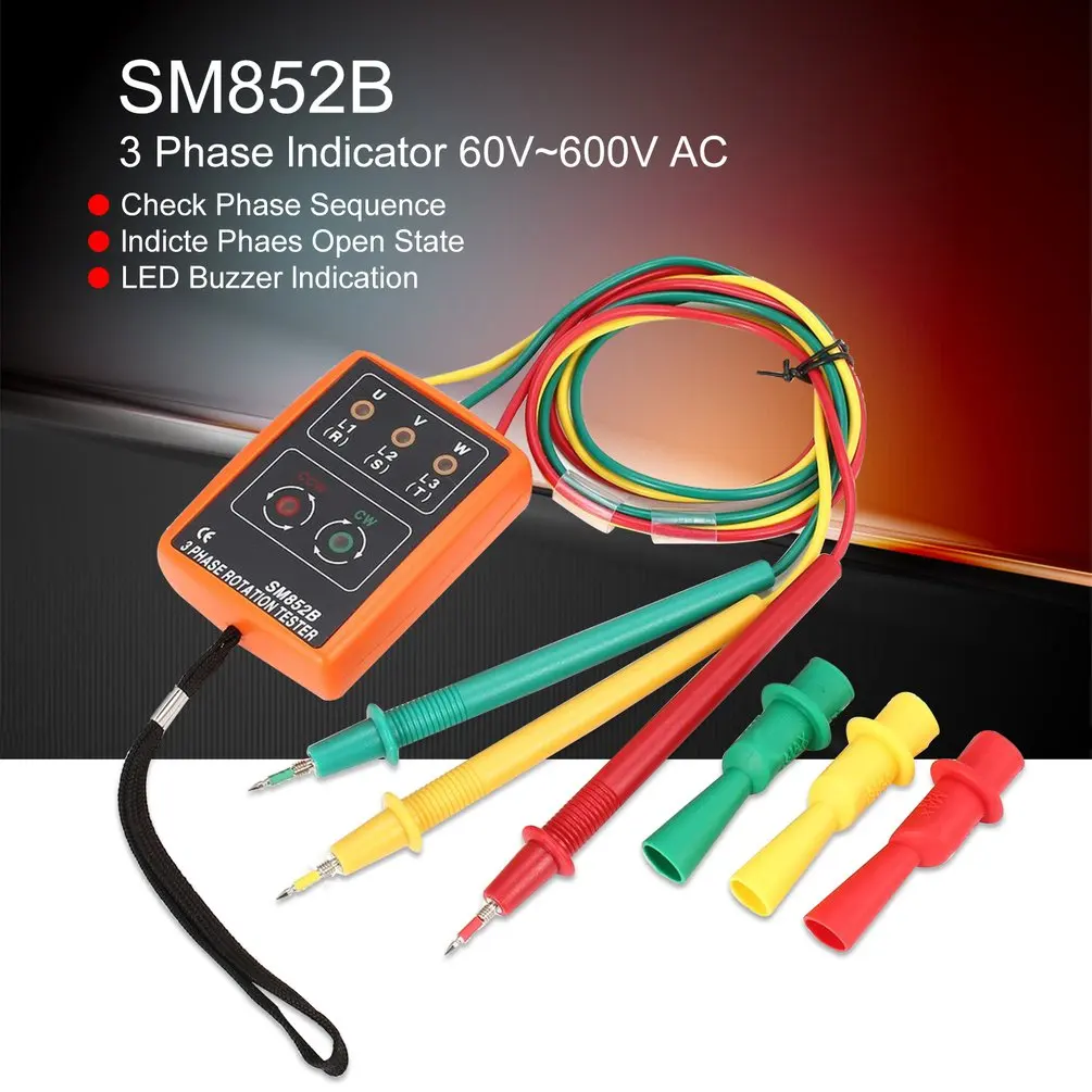 Naujas SM852B 3 Etapas Sukimosi Testeris, Skaitmeninis Fazės Indikatorius Detektorius LED garsinis signalas Fazių Seka Skaitiklio Įtampos Testeris 60V~600V AC 4