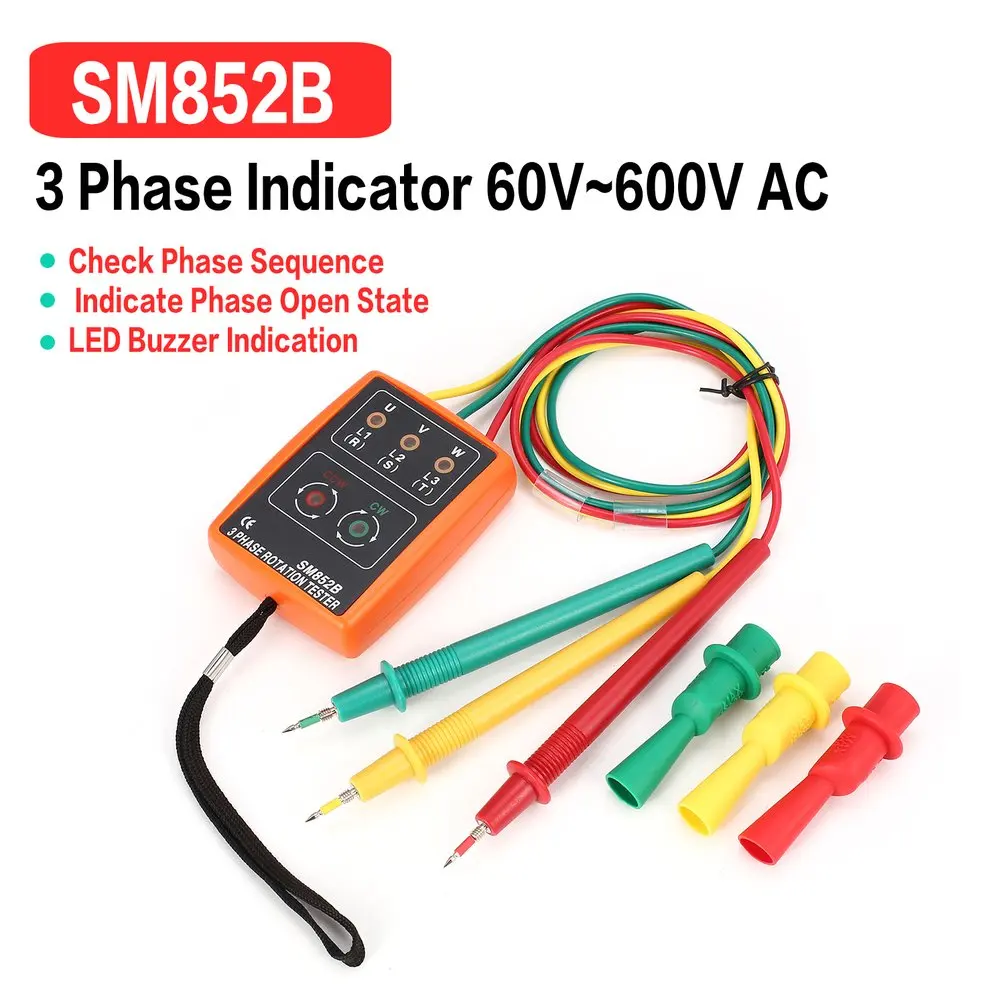 Naujas SM852B 3 Etapas Sukimosi Testeris, Skaitmeninis Fazės Indikatorius Detektorius LED garsinis signalas Fazių Seka Skaitiklio Įtampos Testeris 60V~600V AC 5