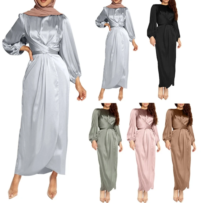 Moterų Arabų Musulmonų Satino Sluoksniuotos Ilgomis Rankovėmis Maxi Suknelė Vientisa Spalva Cross Wrap Priekiniai Savarankiškai Kaklaraištis Juosmens Abaja Dubajus Turkija Hijab 0
