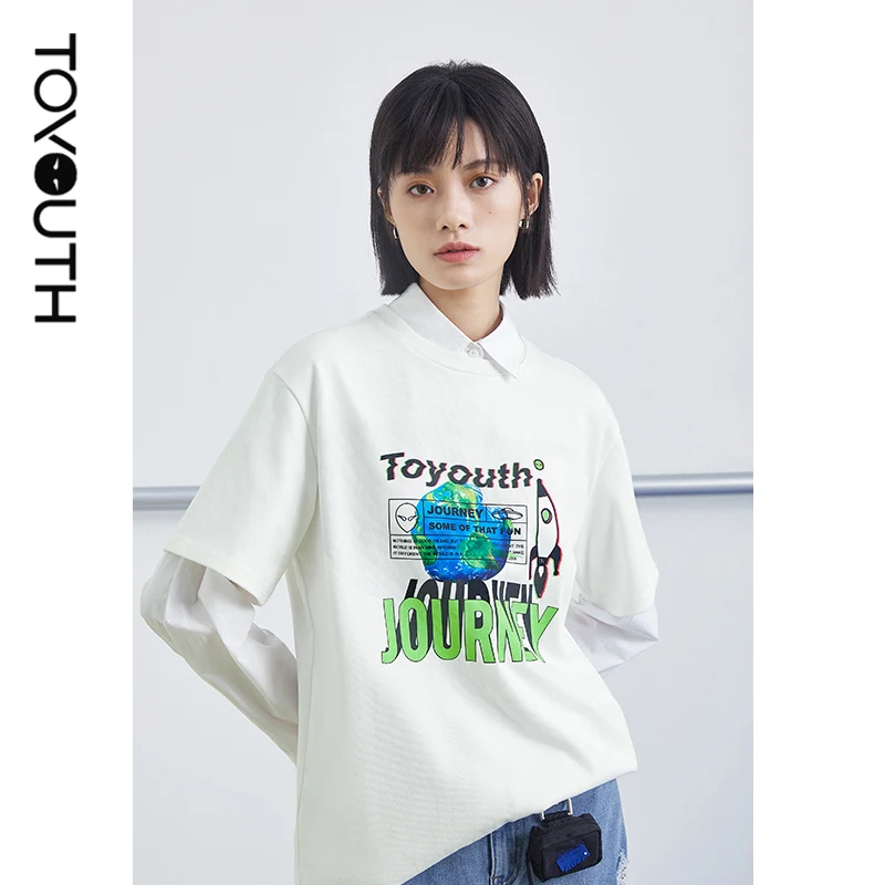 Toyouth Moterys T-shirt 2021 m. Vasarą trumpomis Rankovėmis Apvalios Kaklo Prarasti Letter Spausdinimo Meno Pavyzdys Atsitiktinis Asmenybės Viršūnės 1