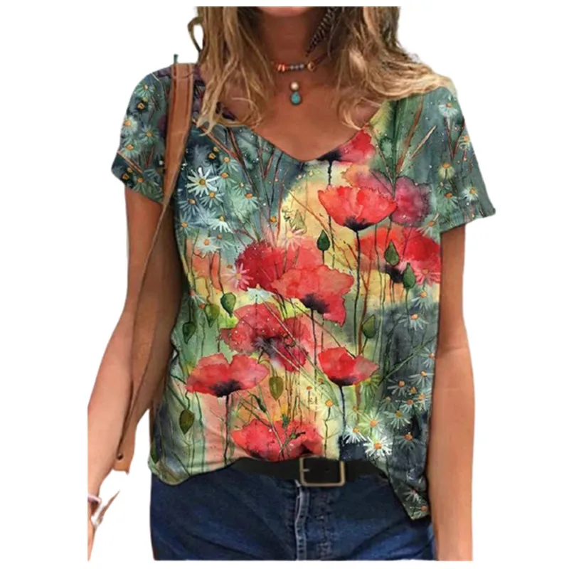 3D Gėlių Kaklaraištis Dažų Spausdinti Moterys T Atsitiktinis Marškinėliai trumpomis Rankovėmis Prarasti Plius Dydis Mados Viršūnes Gatvės Ponios V-Kaklo Summer Tee 2021 Naujas 0