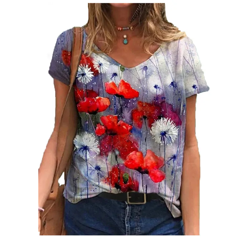 3D Gėlių Kaklaraištis Dažų Spausdinti Moterys T Atsitiktinis Marškinėliai trumpomis Rankovėmis Prarasti Plius Dydis Mados Viršūnes Gatvės Ponios V-Kaklo Summer Tee 2021 Naujas 5