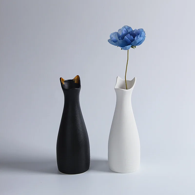 Kūrybos Paprasta Keramikos Vaza Ins Namų Kambarį Apdaila Juoda Balta Spalva Cute Kačių Ausų Dired Gėlių Vazos 0