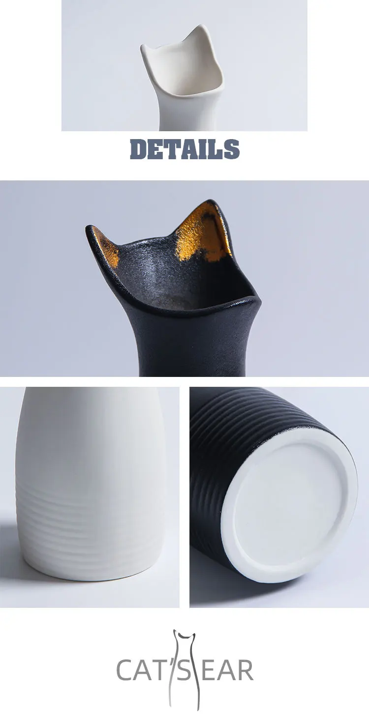 Kūrybos Paprasta Keramikos Vaza Ins Namų Kambarį Apdaila Juoda Balta Spalva Cute Kačių Ausų Dired Gėlių Vazos 1