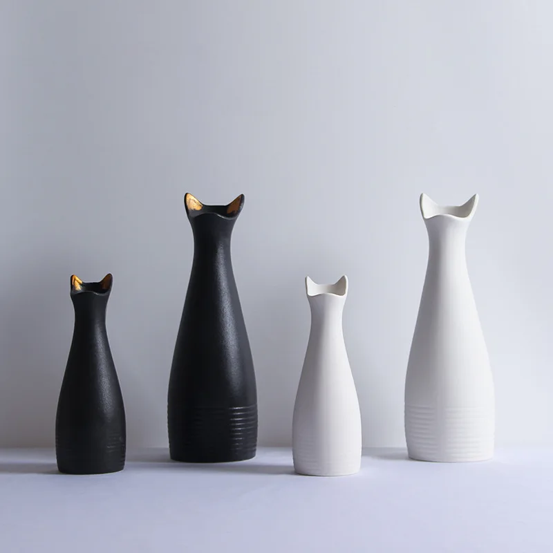 Kūrybos Paprasta Keramikos Vaza Ins Namų Kambarį Apdaila Juoda Balta Spalva Cute Kačių Ausų Dired Gėlių Vazos 2