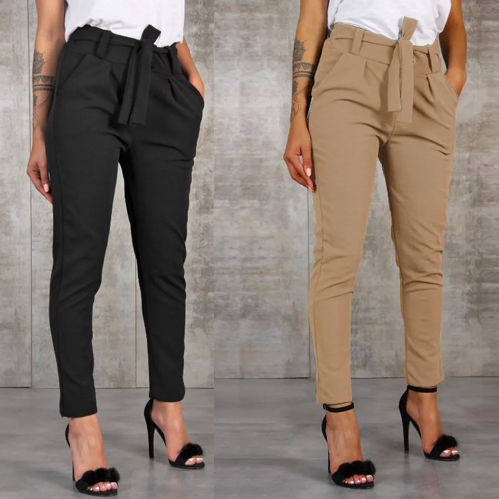 Biuro Panele Juodas Kostiumas Kelnės Su Diržo Moterų Aukšto Juosmens Kietos Ilgos Kelnės Mados Kišenių Kelnės Kelnės Pantalones Naujas 3
