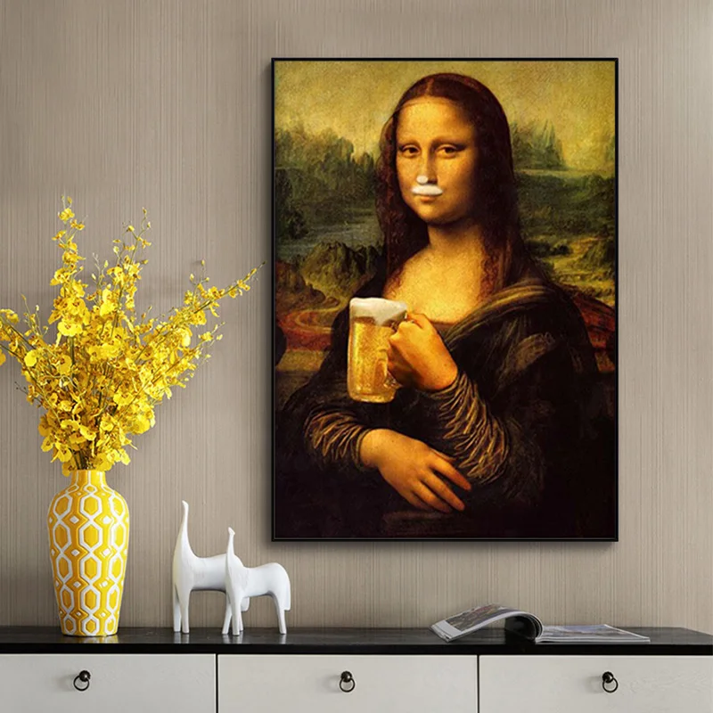 Drobė, Tapyba Klaidingą Įdomus Mona Lisa Gerti Alaus Plakatai ir Spausdina Sienos Meno Nuotrauką Kambarį Šiuolaikinio Namų Dekoro 0