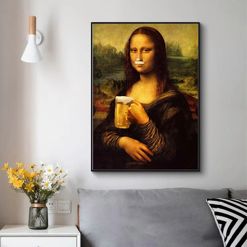Drobė, Tapyba Klaidingą Įdomus Mona Lisa Gerti Alaus Plakatai ir Spausdina Sienos Meno Nuotrauką Kambarį Šiuolaikinio Namų Dekoro 2