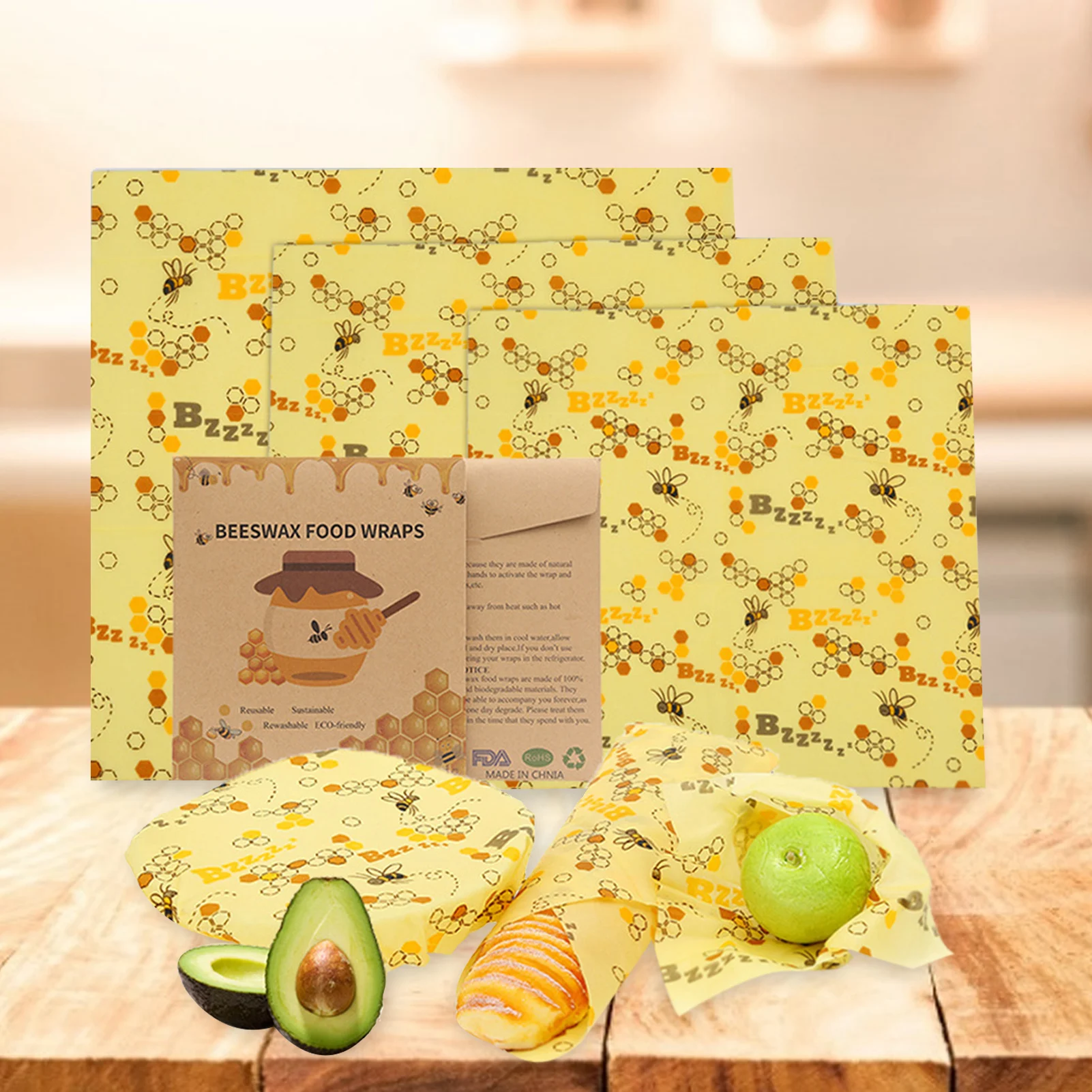 4PCS bičių Vaškas Maisto Wrap Rinkinys Daugkartinio naudojimo ekologišką Maisto Wrap Su 1 Mažas 2 Vidutinio Ir 1 Didelio Maisto Laikymo 5