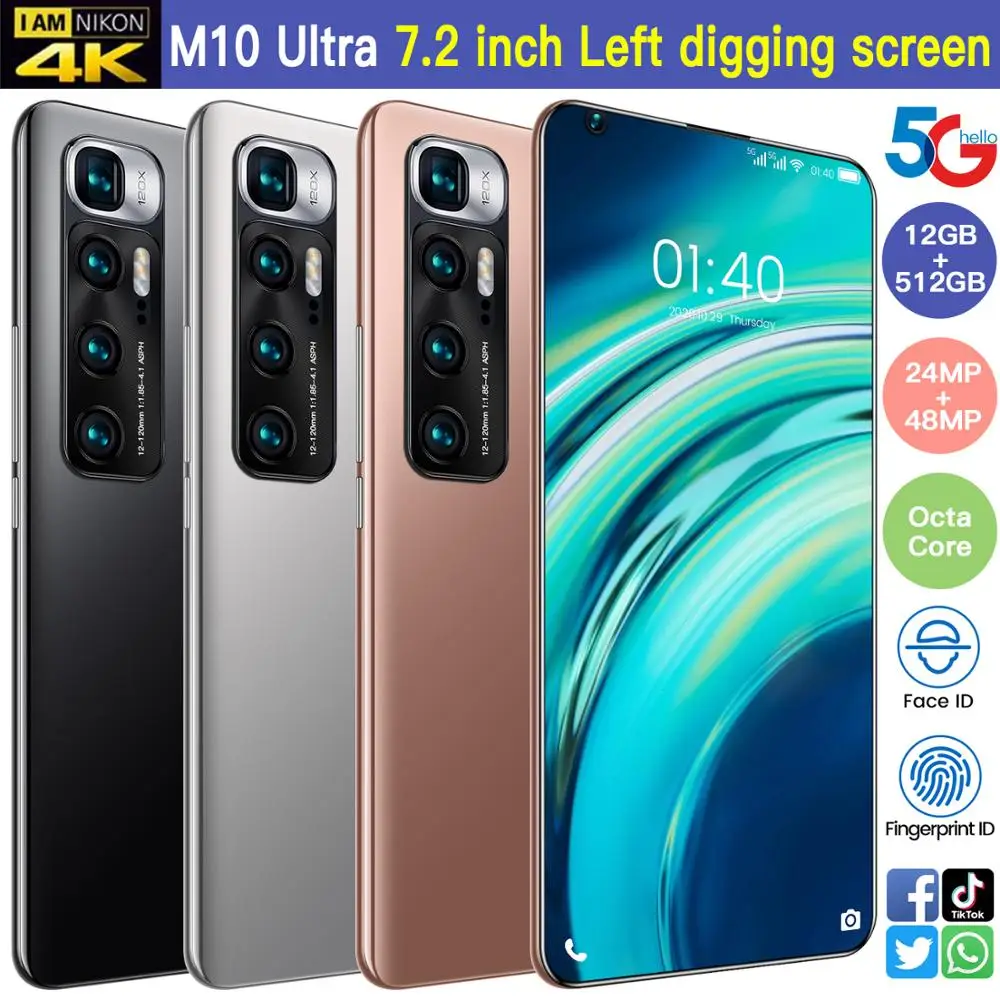 M10 Ultra Pasaulio Versija 7.2 Colių Smartfon, 12/512 GB Android10 Visą Ekraną 4G 5G Dual SIM Mobilusis Telefonas Octa Core mobilusis Telefonas 0