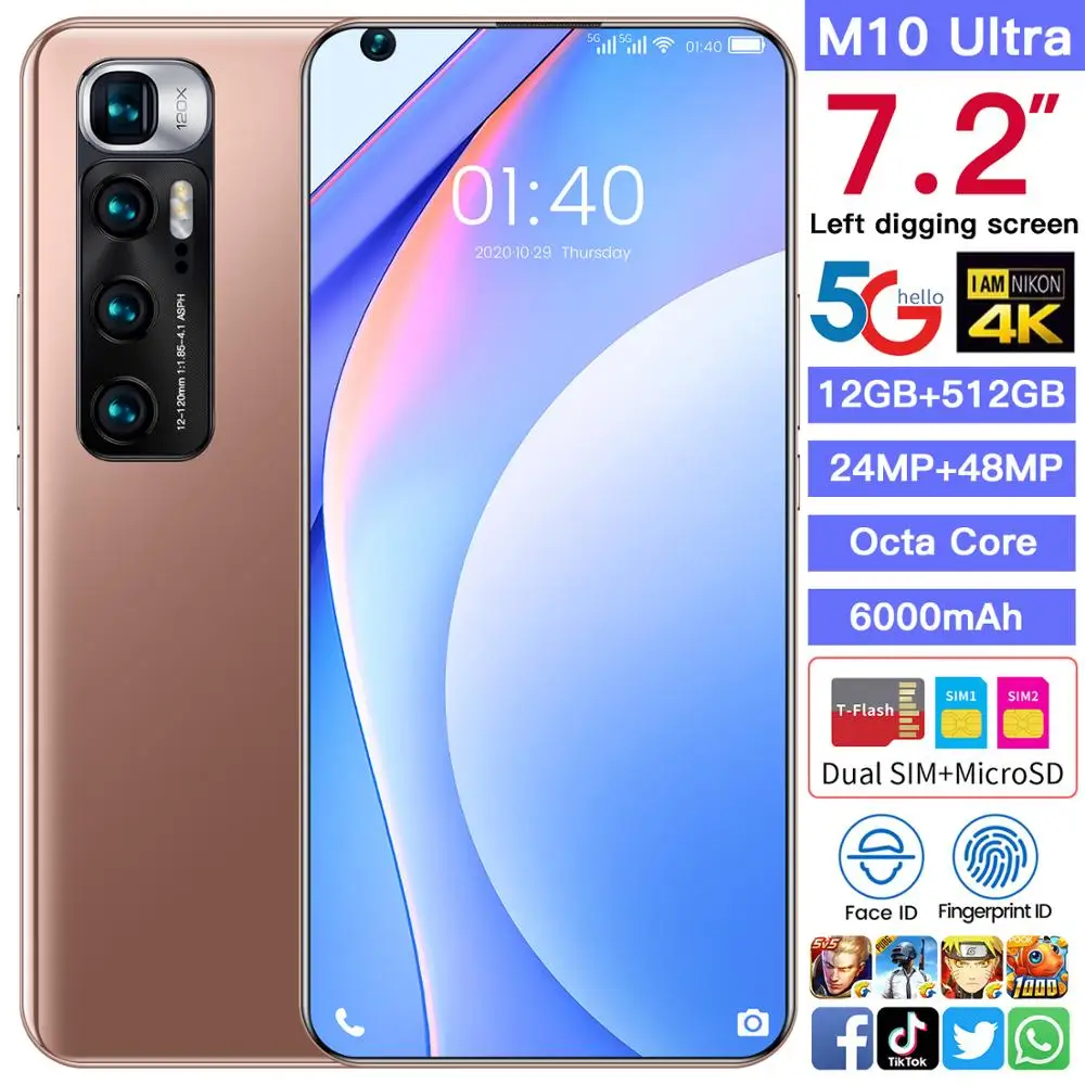 M10 Ultra Pasaulio Versija 7.2 Colių Smartfon, 12/512 GB Android10 Visą Ekraną 4G 5G Dual SIM Mobilusis Telefonas Octa Core mobilusis Telefonas 4