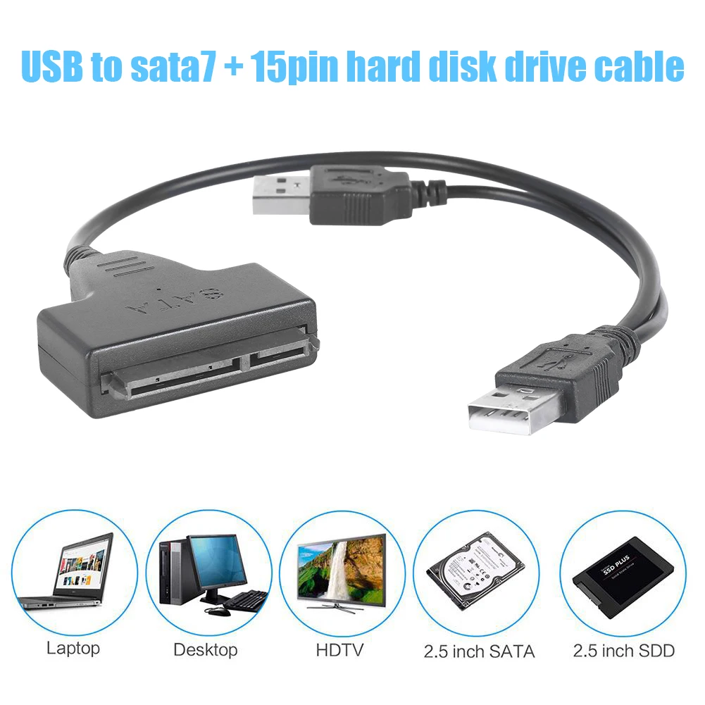USB 2.0 prie SATA 7 Kabelis 2,5 colio SATA Kietąjį Diską Išorės +15Pin SSD HDD Adapteris Office Rūpintis Kompiuterių Reikmenys 5