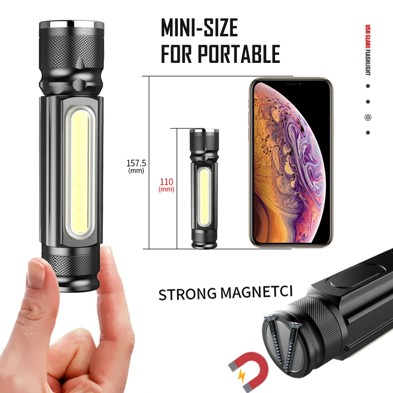 Itin ryškus Portable LED Žibintuvėlis Su įmontuota Baterija USB Įkrovimo COB Šviesos Su Magnetu Ne Uodega Darbo Žibintas 2