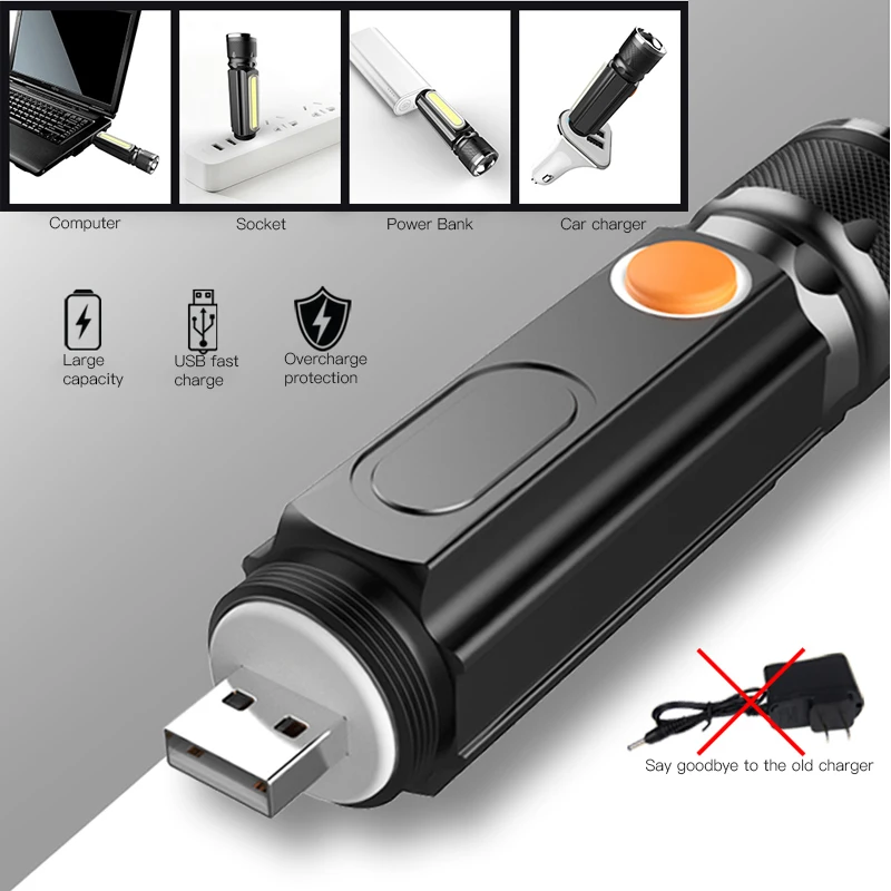 Itin ryškus Portable LED Žibintuvėlis Su įmontuota Baterija USB Įkrovimo COB Šviesos Su Magnetu Ne Uodega Darbo Žibintas 5
