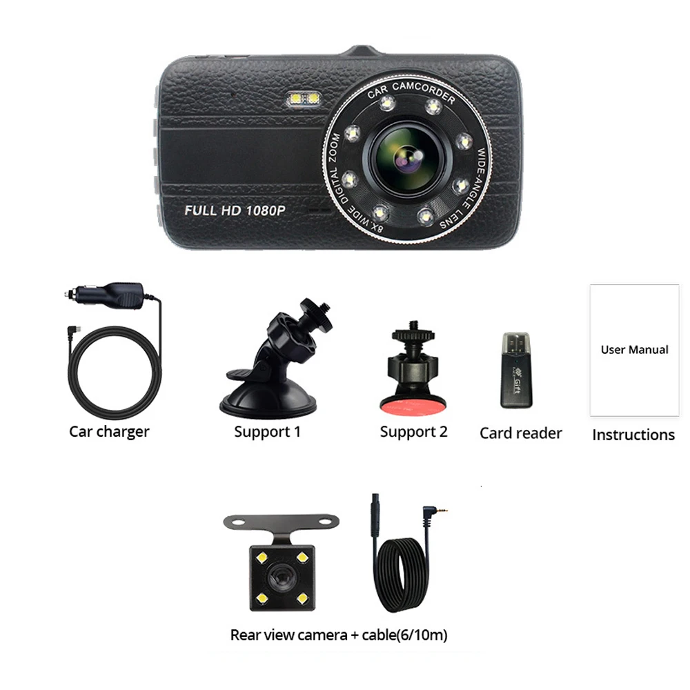 Automobilių DVR Dashcam FHD Vaizdo įrašymo 1080P Dvigubo Objektyvo Galinio vaizdo Kamera, 4 Colių Naktinio Matymo G-Sensorius Auto Registrator vaizdo Kamera 0