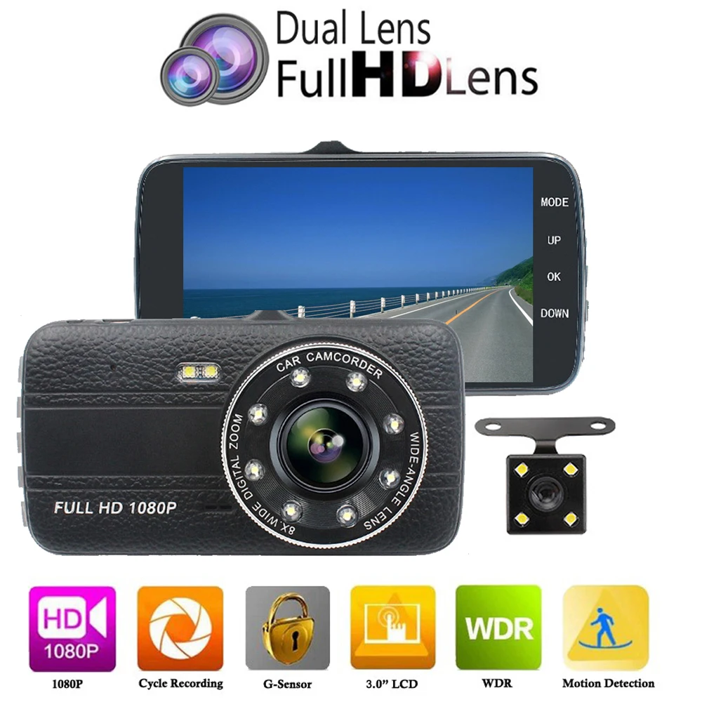Automobilių DVR Dashcam FHD Vaizdo įrašymo 1080P Dvigubo Objektyvo Galinio vaizdo Kamera, 4 Colių Naktinio Matymo G-Sensorius Auto Registrator vaizdo Kamera 1