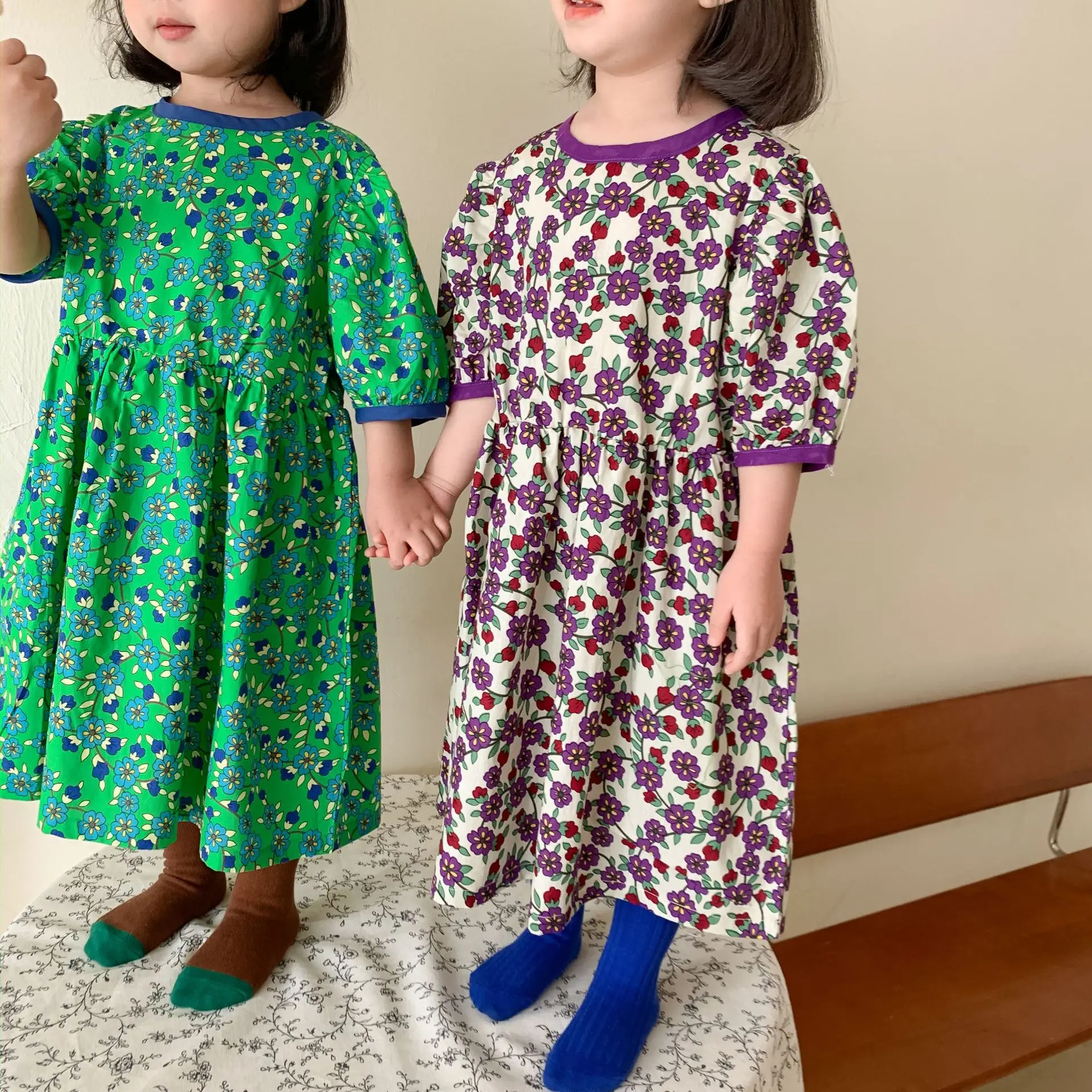 Korėjos Vaikų Nauji Drabužiai Baby Girl Trumpas Rankovėmis Smulkių Skaldytų Gėlių Ilga Suknelė Literatūros Modelis 3