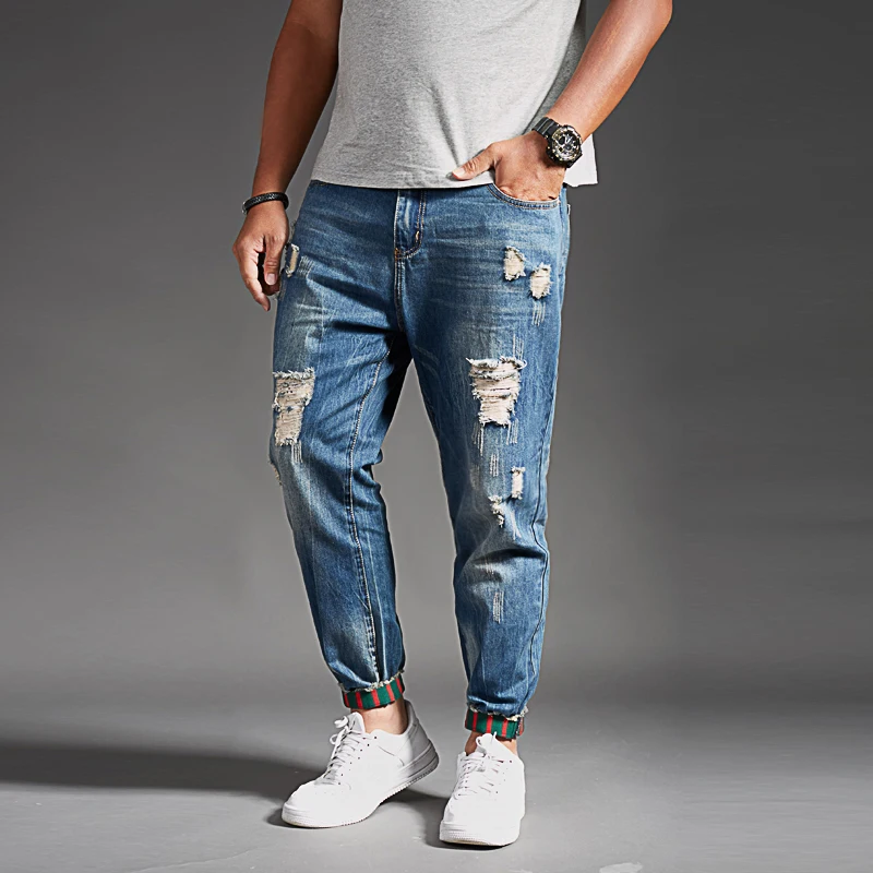Dydis 42 44 46 48 dydžio vyriški džinsai classic ruožas Haremo kelnės prarasti riebalų kojos padidinti streetwear Atsitiktinis Pluošto kojų džinsai 4